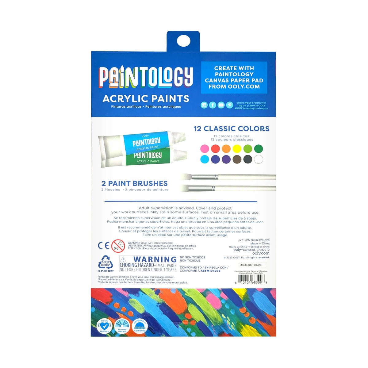 Paintology Acrylic Paints + 2 Brushes - Classic Colours