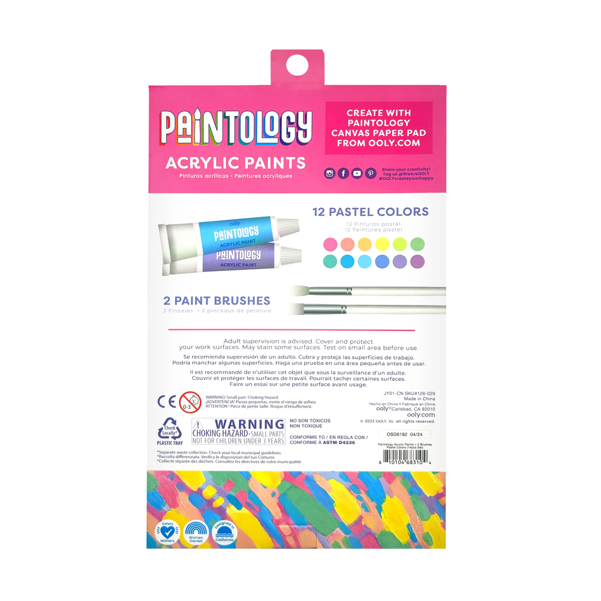 Paintology Acrylic Paints + 2 Brushes - Pastel Colours