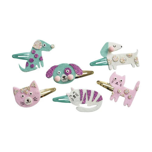 6 Glitter Hair Clips - Little Pets