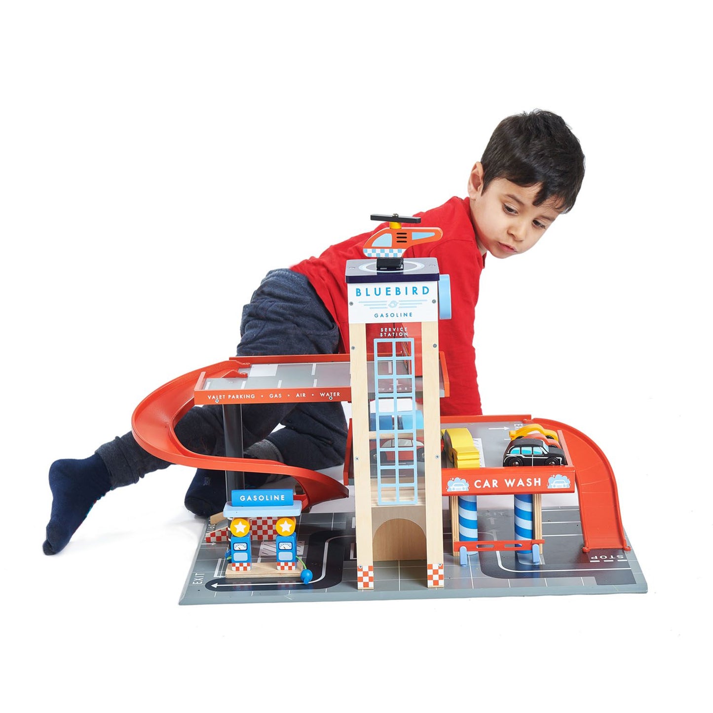 Toy garage kids play service fuel station big gift cars helicopter