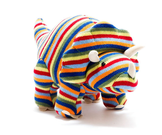 Knitted Triceratops Dinosaur Soft Toy - Rainbow Stripes